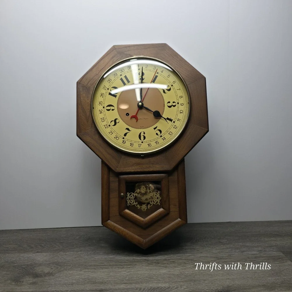 Hamilton Vintage 31-Day Drop Dial Striking Wall Clock Walnut Color W/Key And Tag